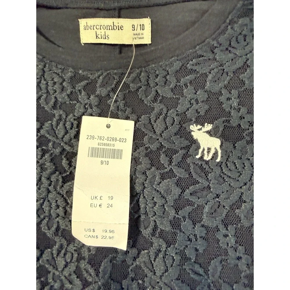 Abercrombie Kids Shirt Navy Sz 9/10 Lace Overlay Long Sleeve NWT